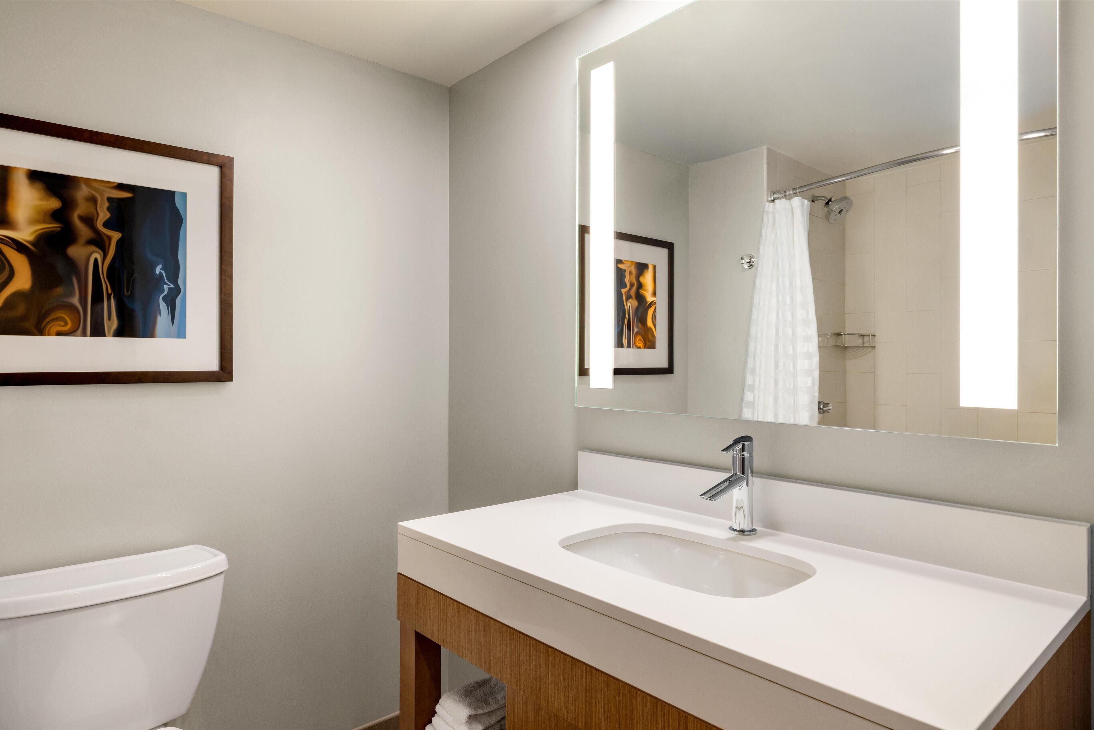 A modern bathroom with a white sink, a large mirror, and a framed abstract painting on the wall.