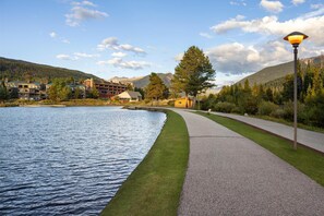 A lakeside walkway with a paved path, a lamp post, and buildings in the background.
