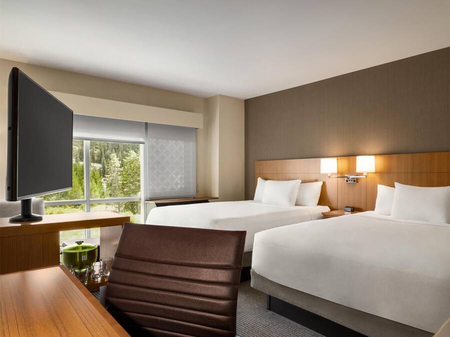 A hotel room with two beds, a desk with a television, and a window with a view of trees.