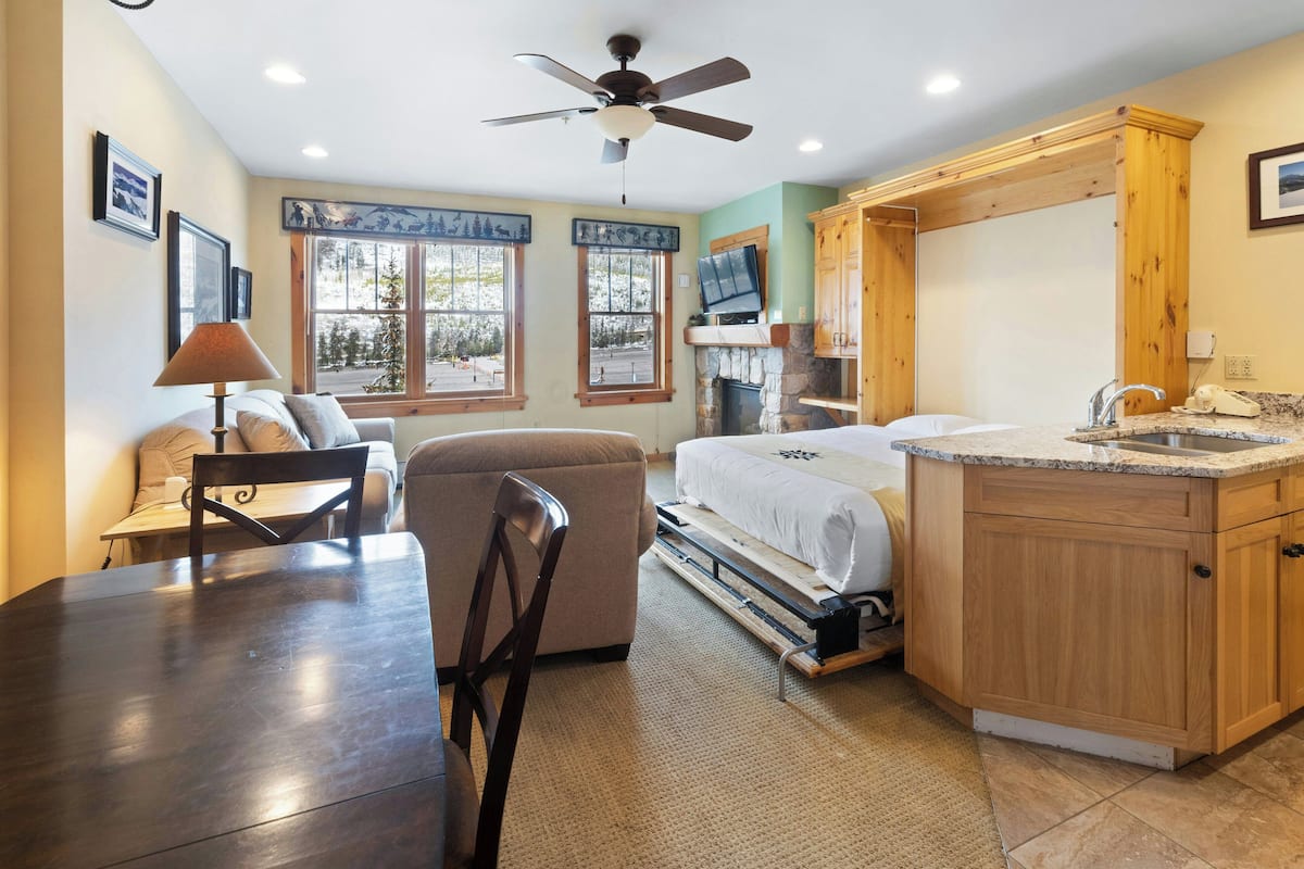 A room with a bed, a desk, a chair, a TV, a fireplace, and a kitchen area.