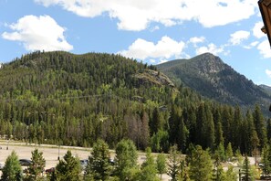 A mountainous landscape with dense forests and a clear sky.