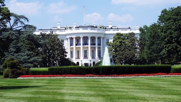A large, white building with columns, a flag, and a fountain in the foreground.