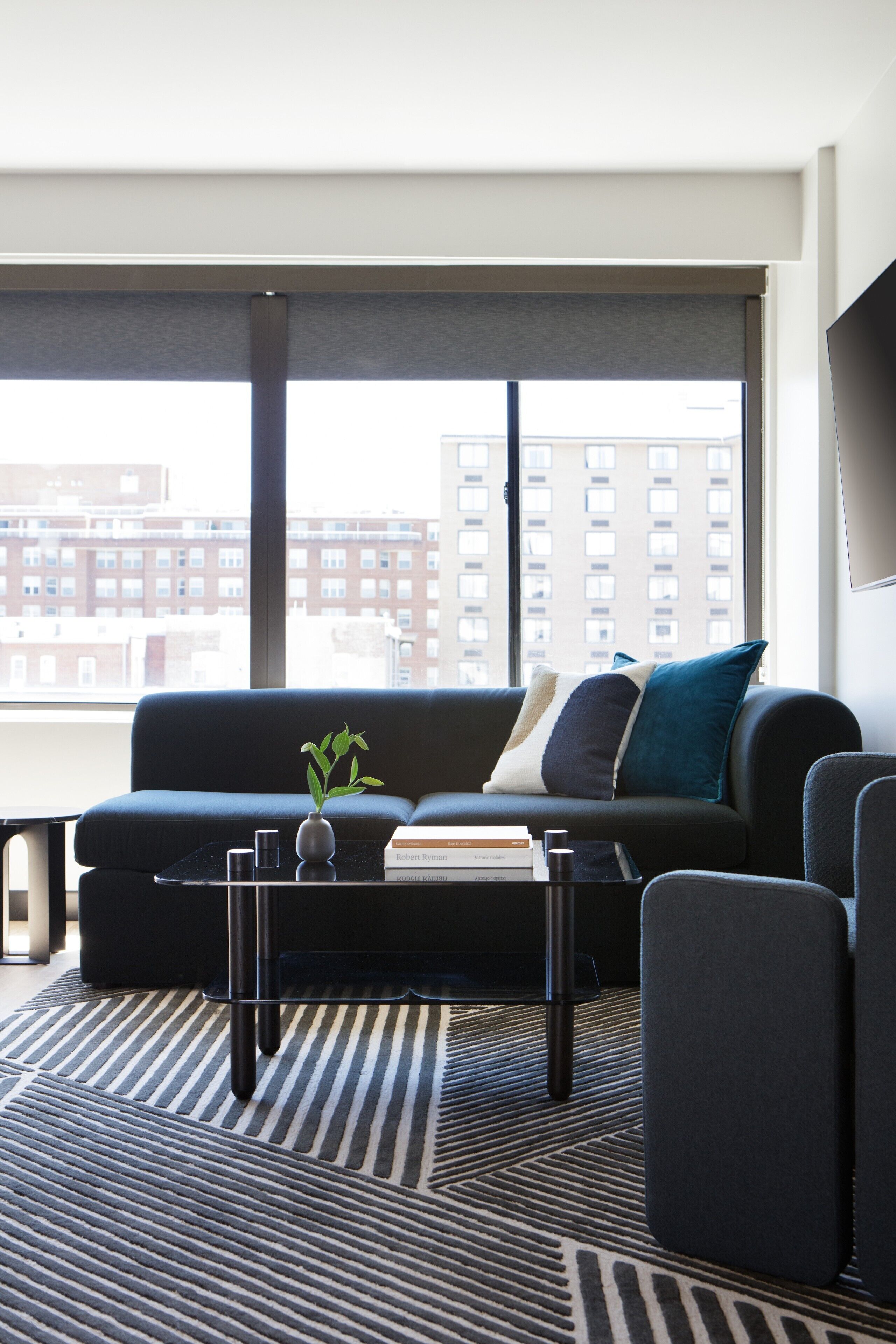 A modern living room with a black sofa, a coffee table, and a view of a cityscape through large windows.