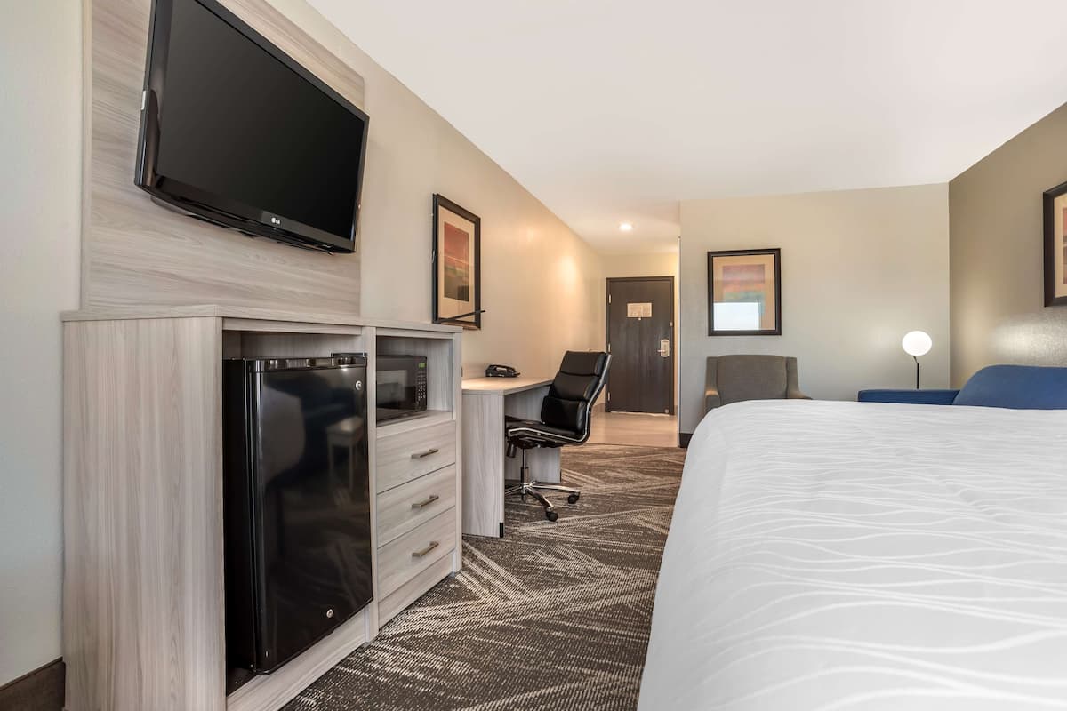Una habitación de hotel con una cama, un escritorio, una silla, un televisor y un minibar.