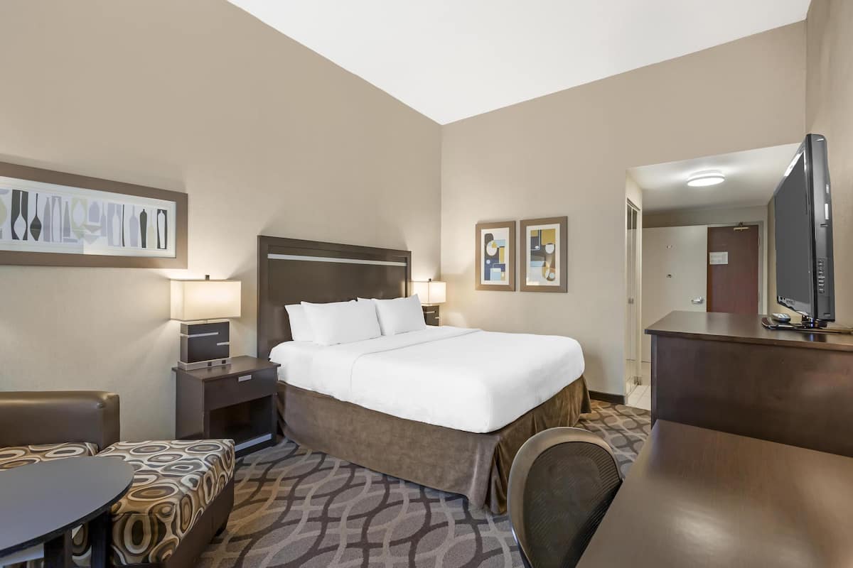 Una habitación de hotel con cama, escritorio, silla, mesa y televisor.