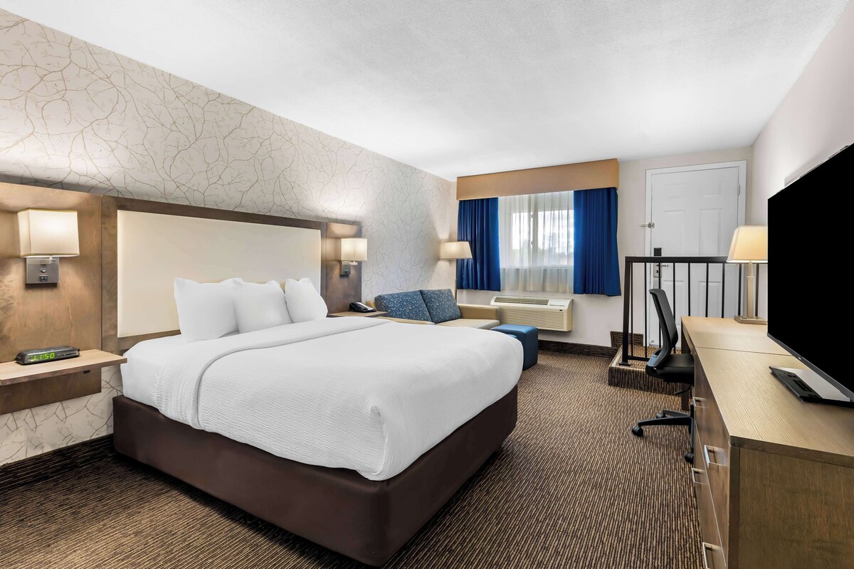 Habitación de hotel con una cama grande, un escritorio, un televisor y una ventana con cortinas.