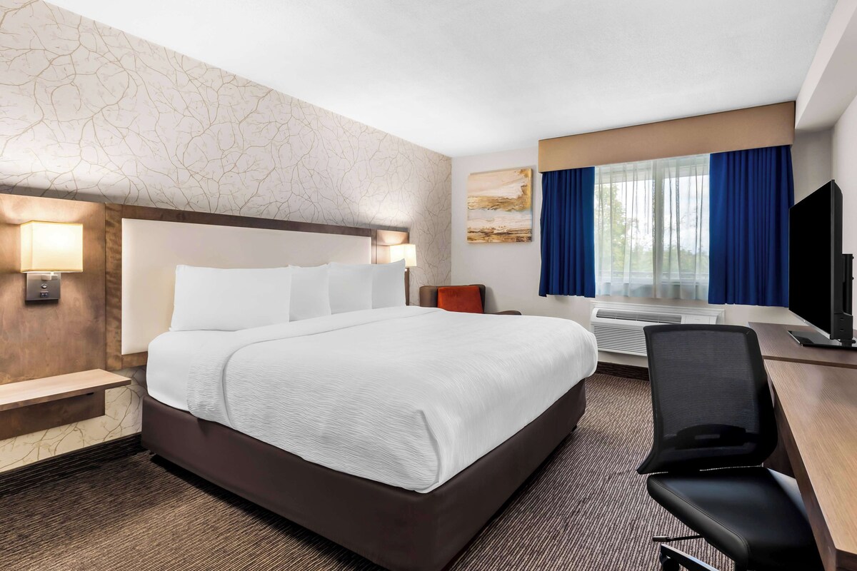 Habitación de hotel con una cama grande, un escritorio con silla, televisión y ventana con cortinas.