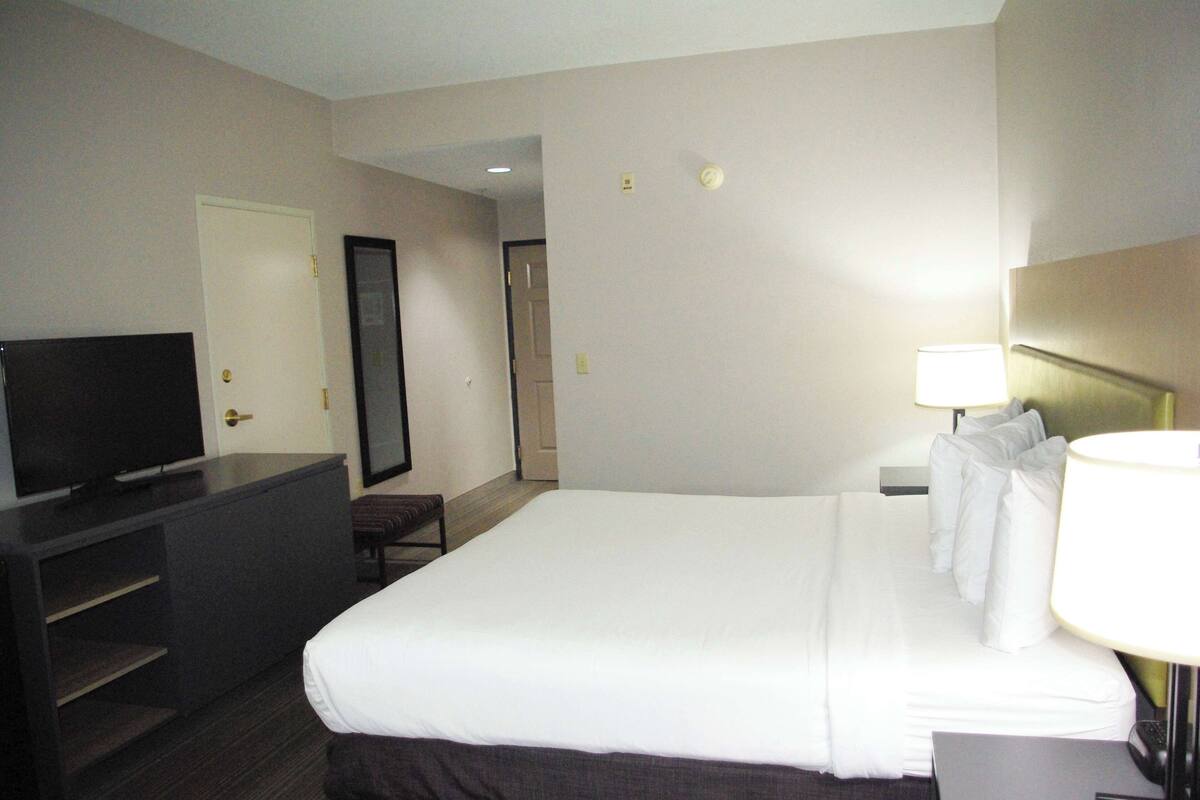 Une chambre d’hôtel avec un lit, une télévision, un bureau et une lampe.