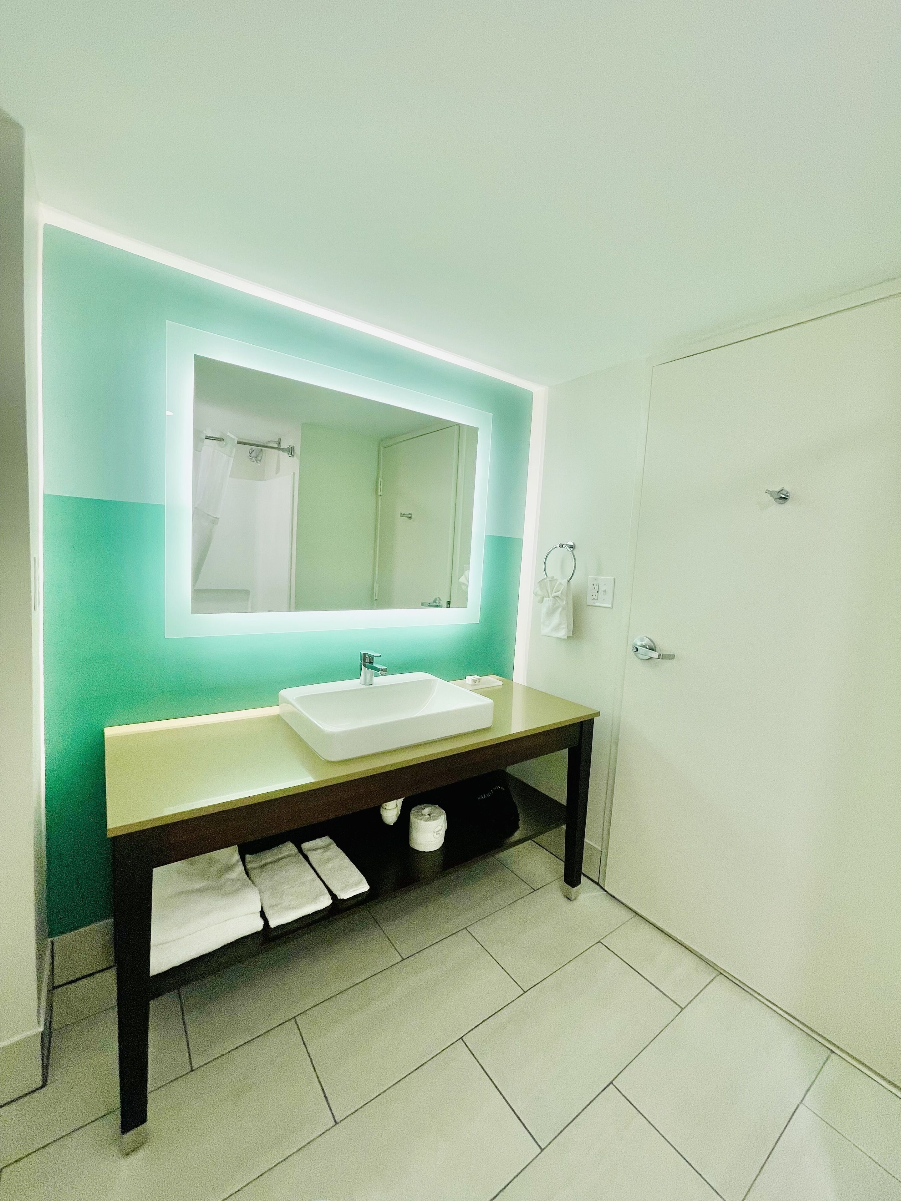 A bathroom with a double sink, a mirror, and a towel rack.