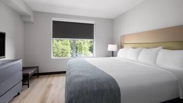 Una habitación de hotel moderna con una cama grande, una mesita de noche, una lámpara y una ventana con vistas a árboles.