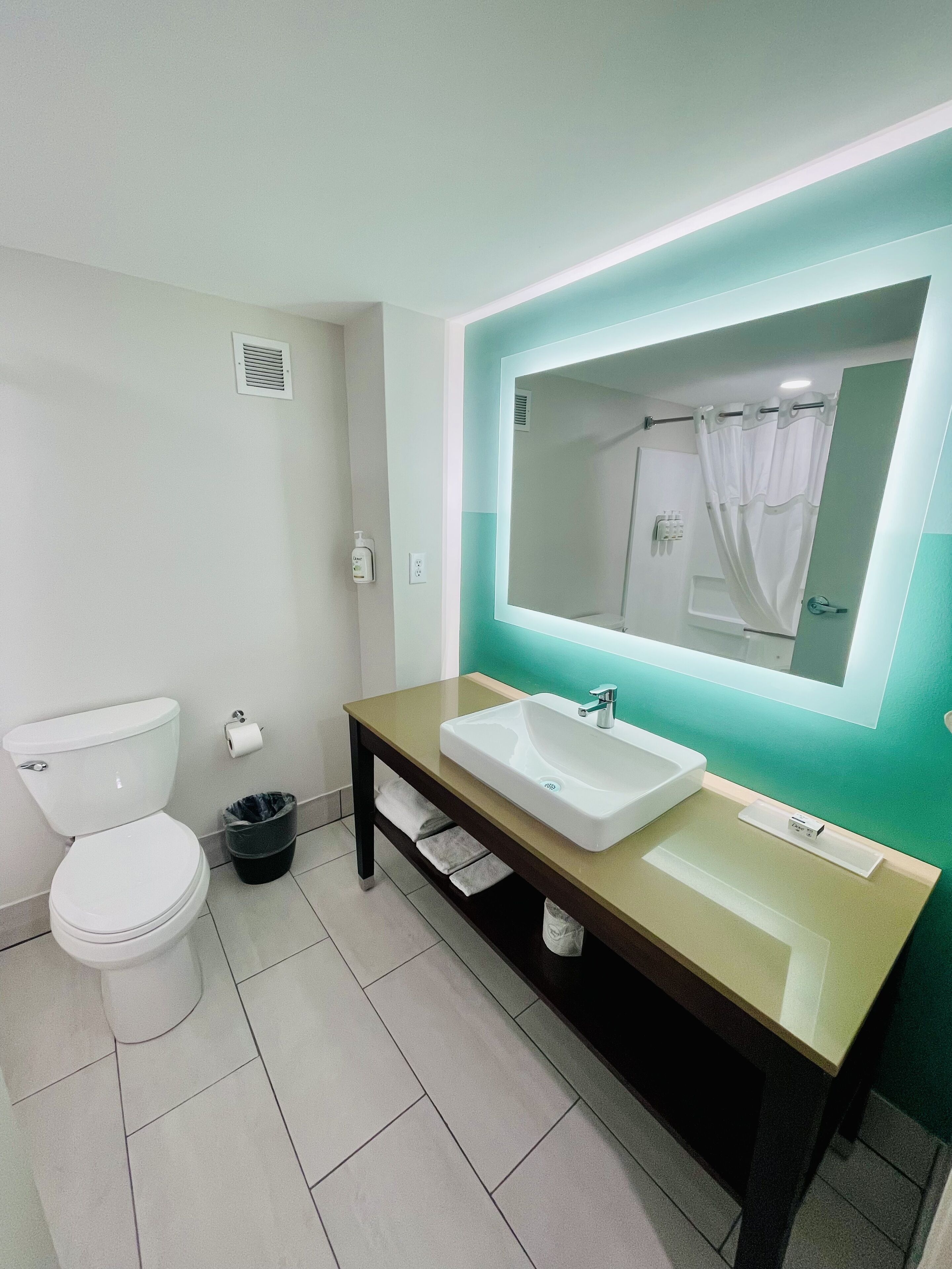 A modern bathroom with a toilet, sink, and mirror.