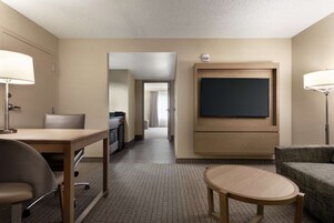 Habitación de hotel con cama, escritorio con silla, televisor montado en la pared y un sofá.