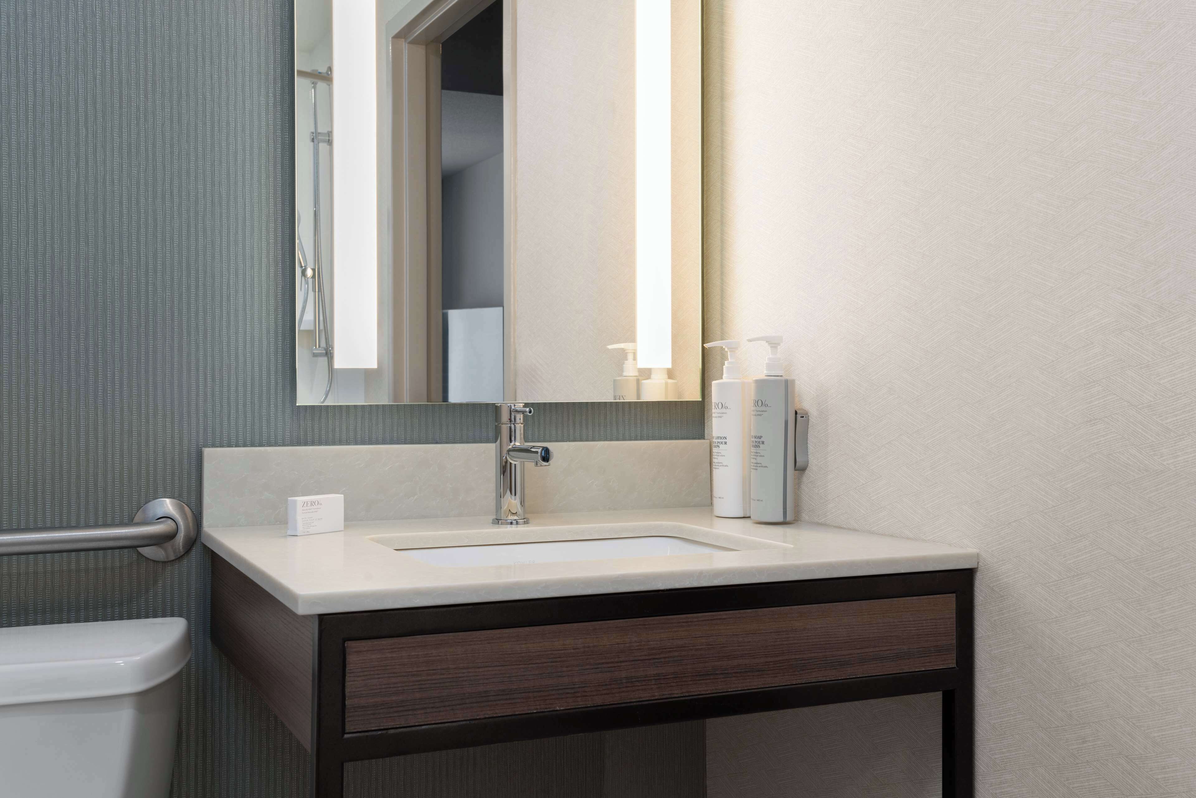 hair dryer, towels, soap, shampoo