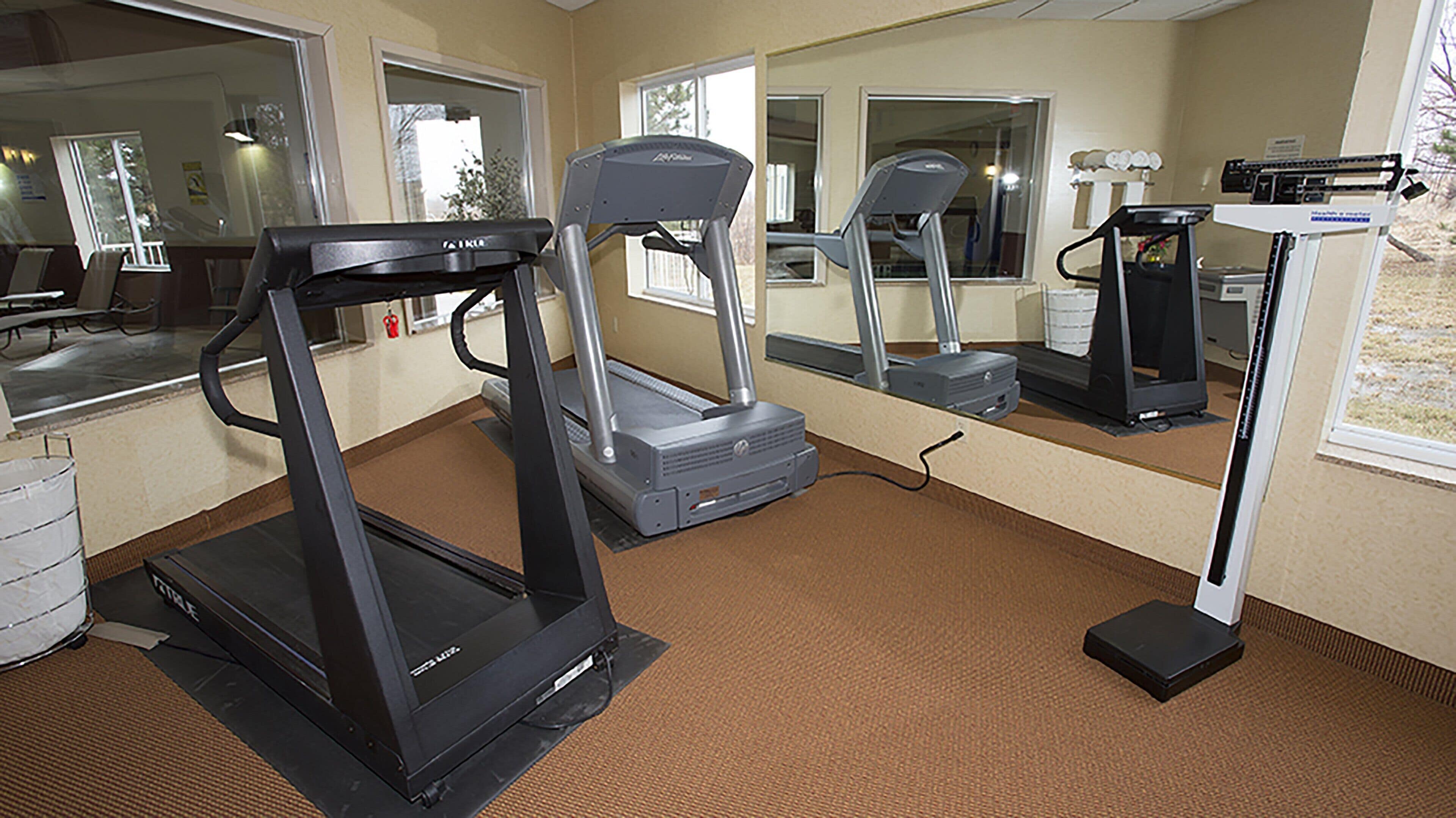 A gym with treadmills, a stationary bike, and a weight machine.