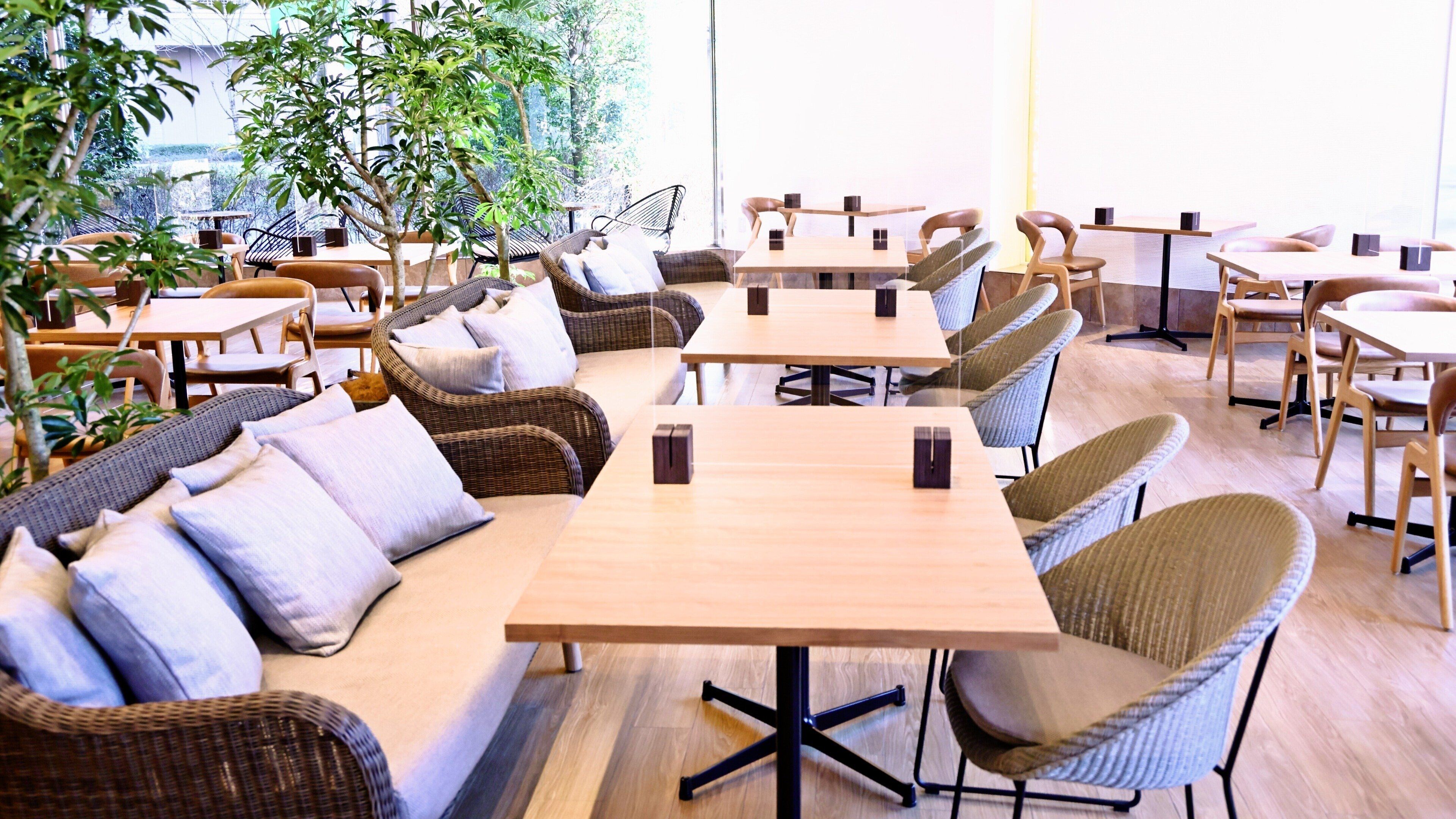 Una cafetería moderna con mesas de madera y sofás de mimbre, ventanas amplias y plantas de interior.