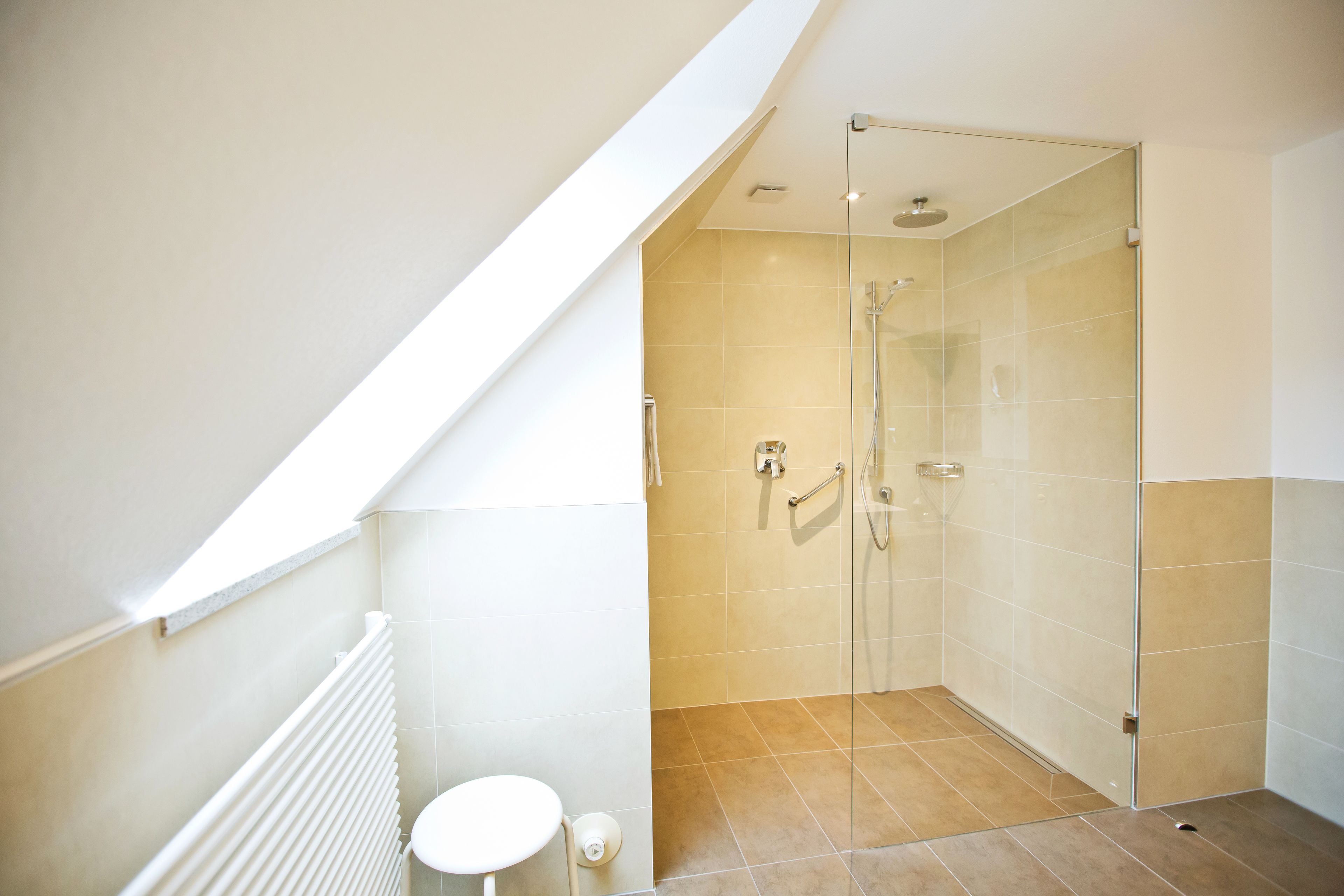 Un baño moderno con cabina de ducha de vidrio, un radiador blanco y un inodoro pequeño de color blanco.