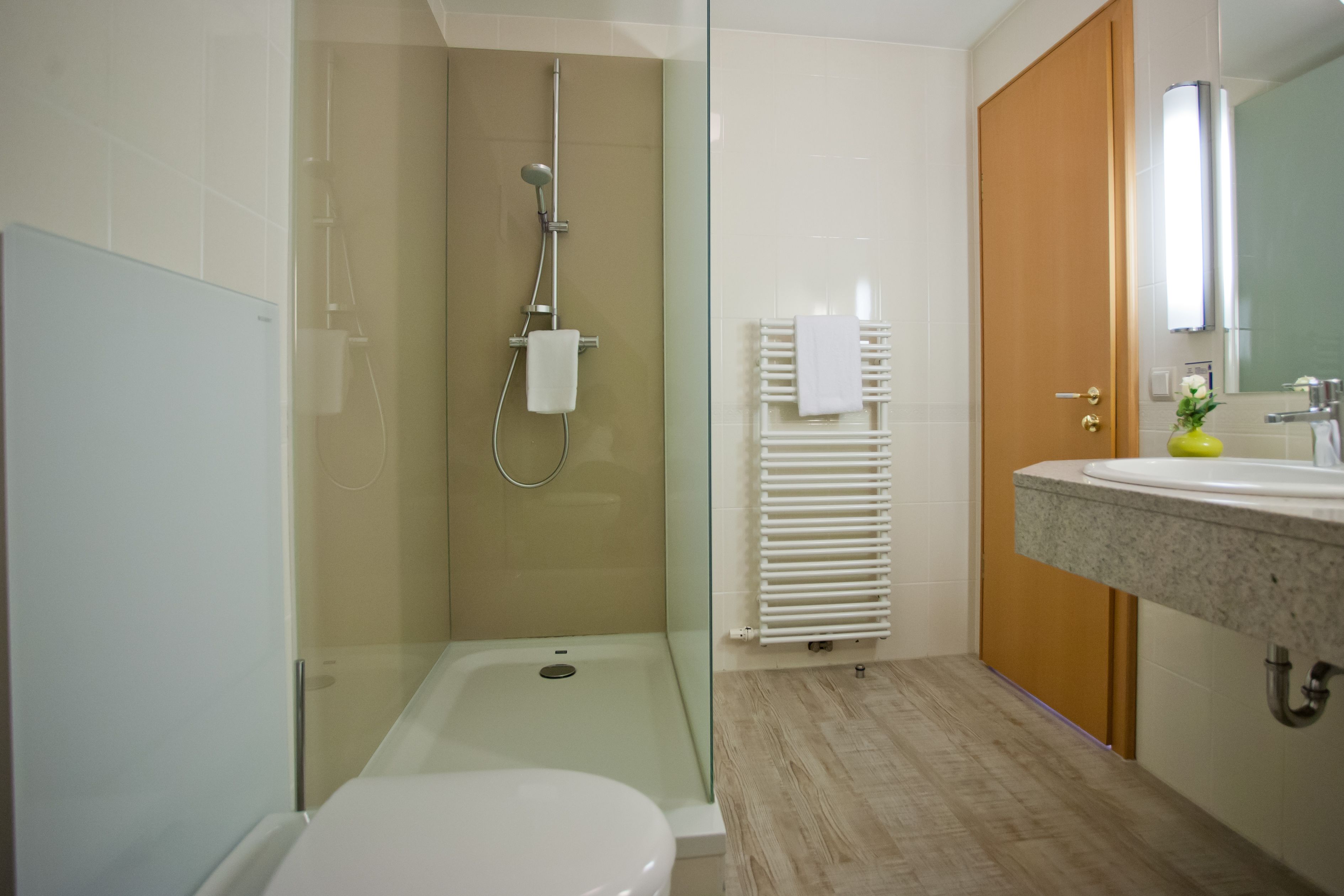 Ein modernes Badezimmer mit einer gläsernen Duschkabine, einer Toilette, einem Waschbecken mit Spiegel und einem Handtuchhalter.