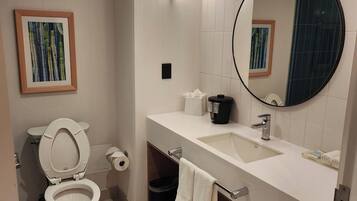 A modern bathroom with a toilet, sink, and mirror.