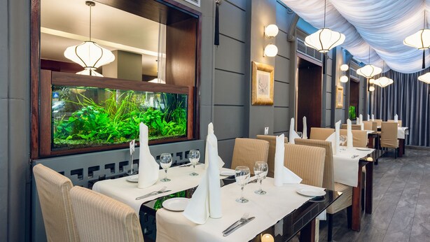 Un restaurante con mesas dispuestas para comer, un gran acuario en la pared e iluminación colgante.