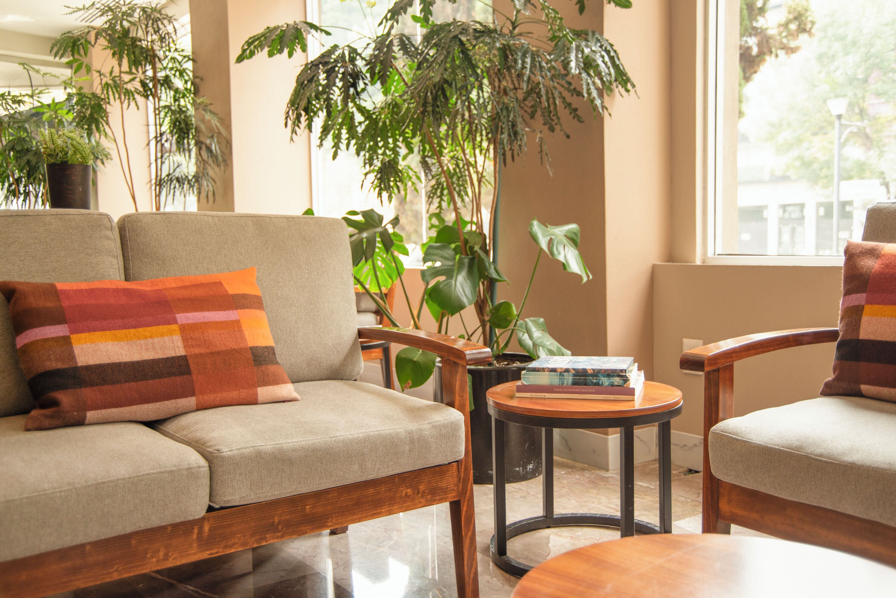 A cozy seating area with a sofa and armchairs, a small table with books, and a large potted plant.