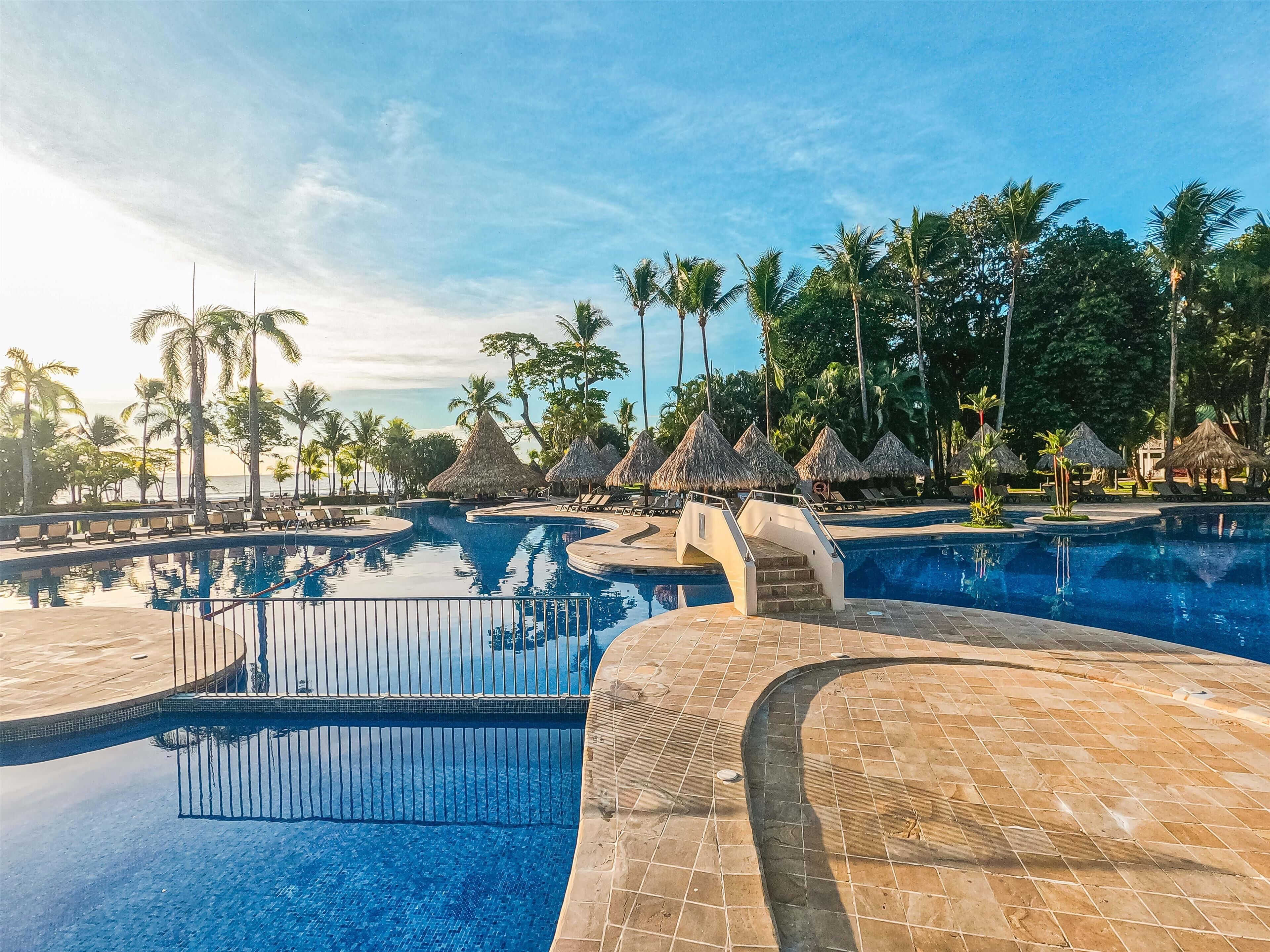 A resort pool area with clear blue water, palm trees, and thatched umbrellas.