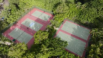 Vista aérea de un complejo deportivo con múltiples canchas rodeadas de abundante vegetación y palmeras.