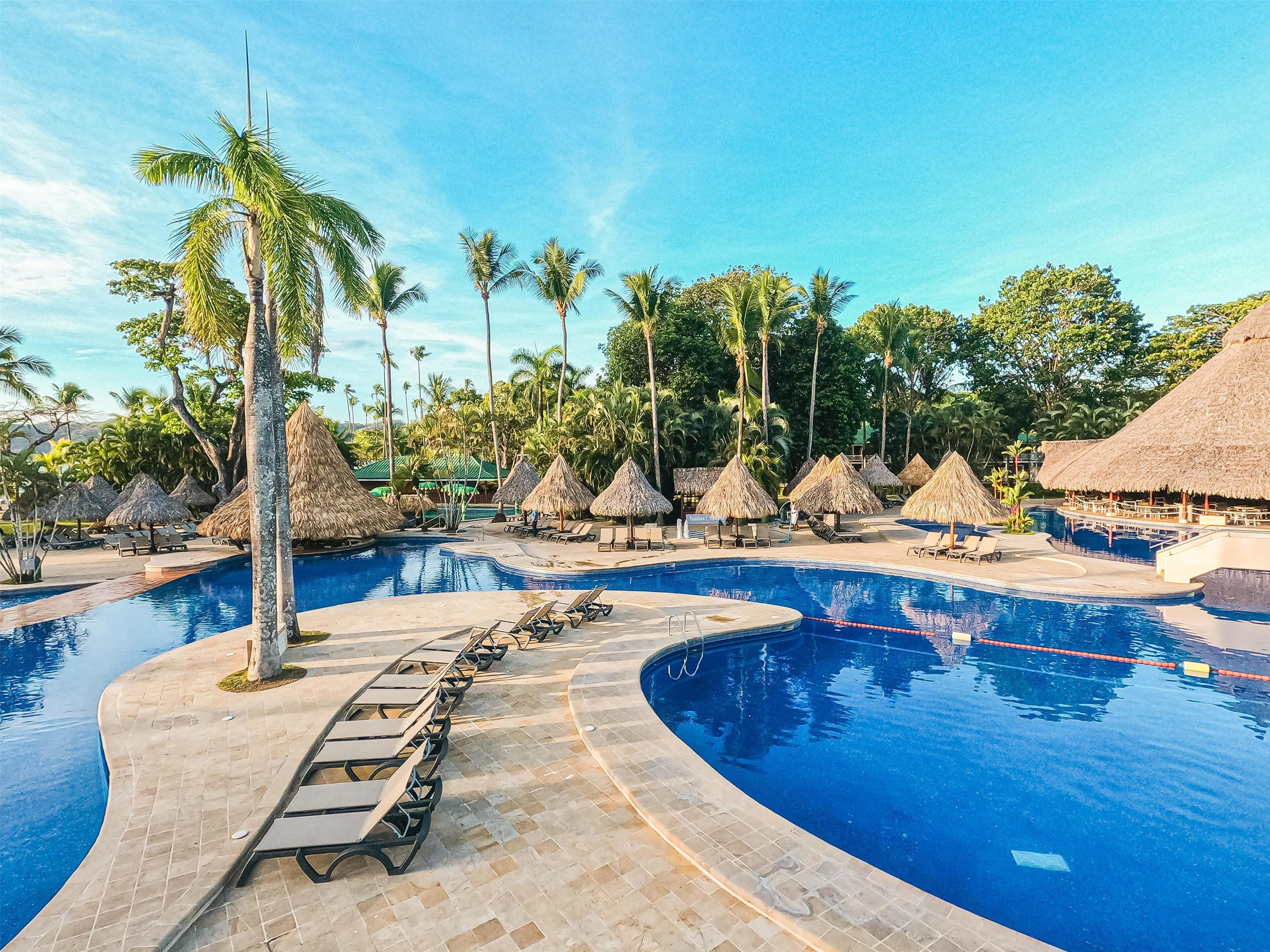 Piscine extérieure, chaises longues