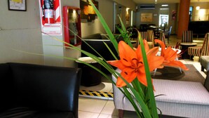 A hotel lobby with leather seating, a fire extinguisher, and a plant with orange flowers. - Hotel Impala (Buenos Aires)