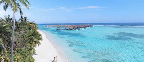 Plage, sable blanc, cabines gratuites, chaises longues