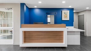 Una reception con un muro azzurro decorativo, un quadro incorniciato e una porta in vetro che conduce a una stanza accessibile con sedia a rotelle.
