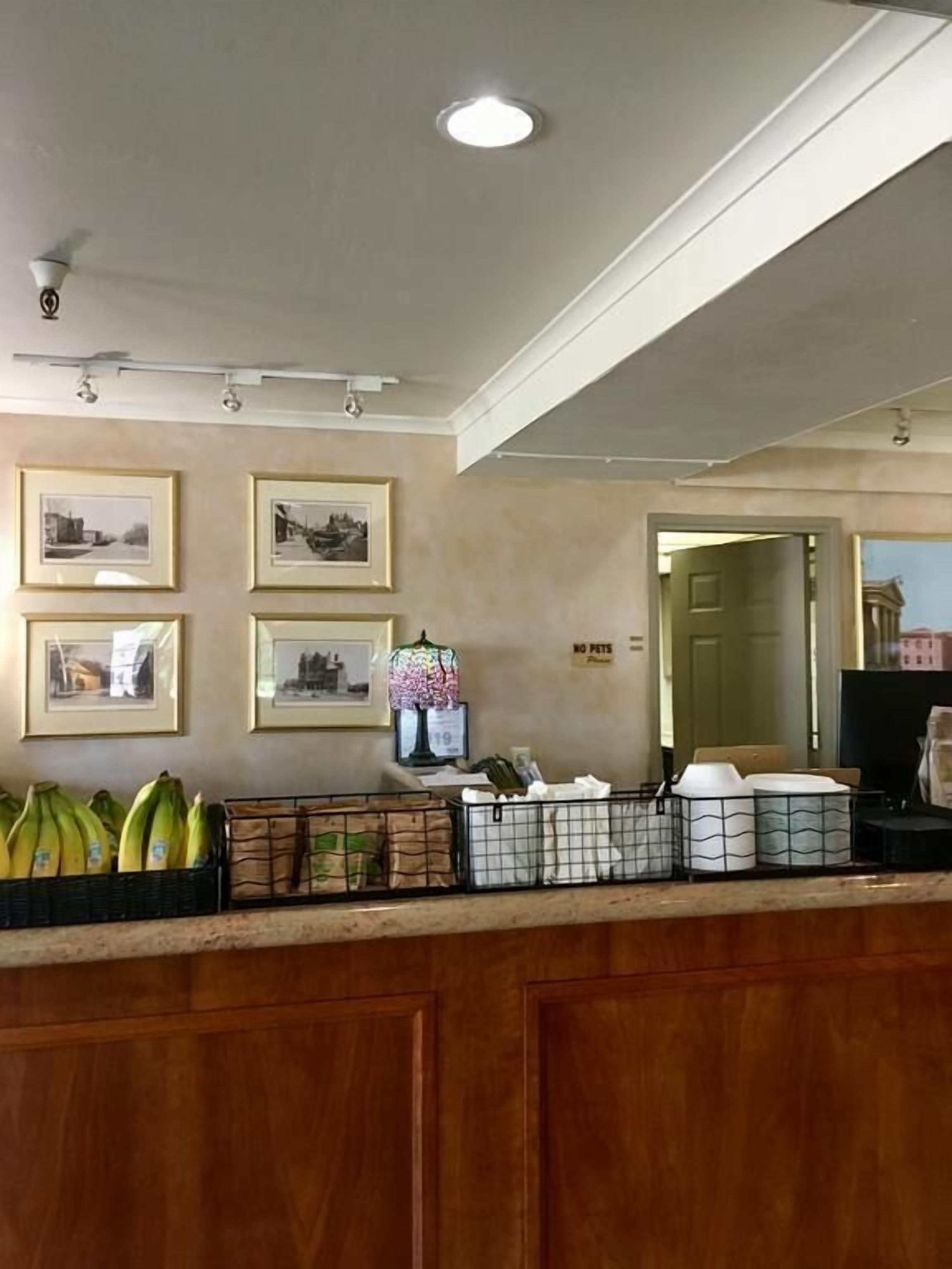 Un'area reception con quadri appesi al muro, un bancone con banane e borse, e un cartello con scritto 'No Pets'.