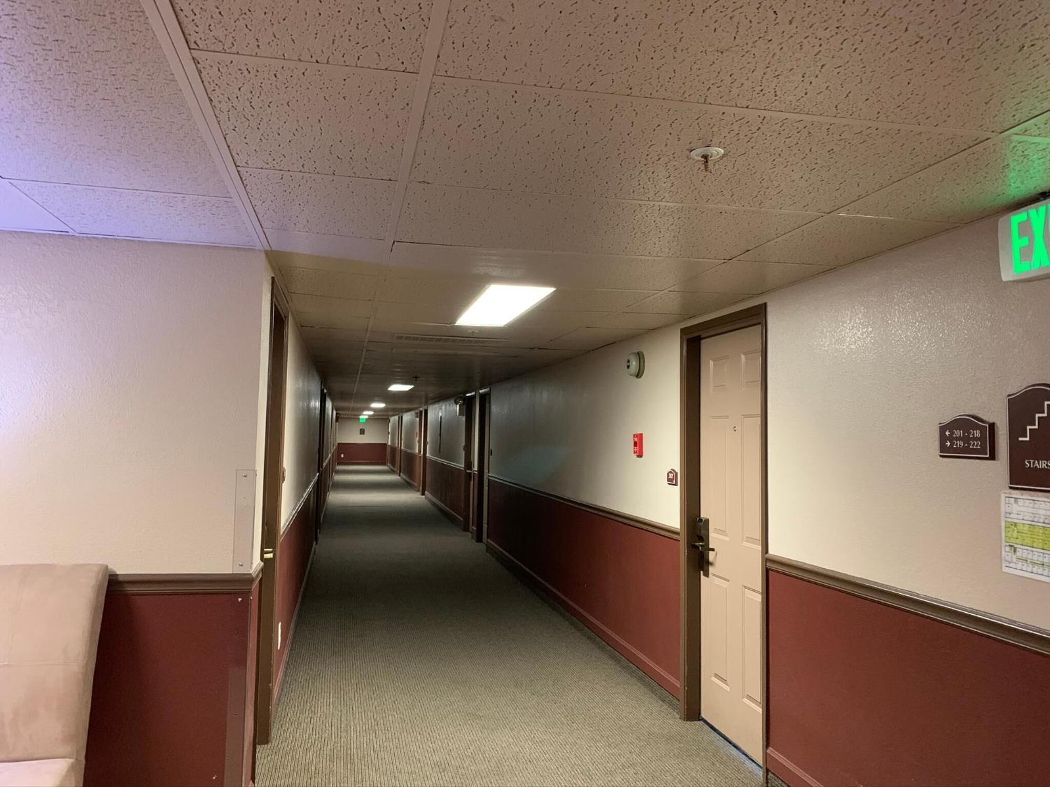A hotel corridor with doors, a carpeted floor, and a ceiling with recessed lighting.