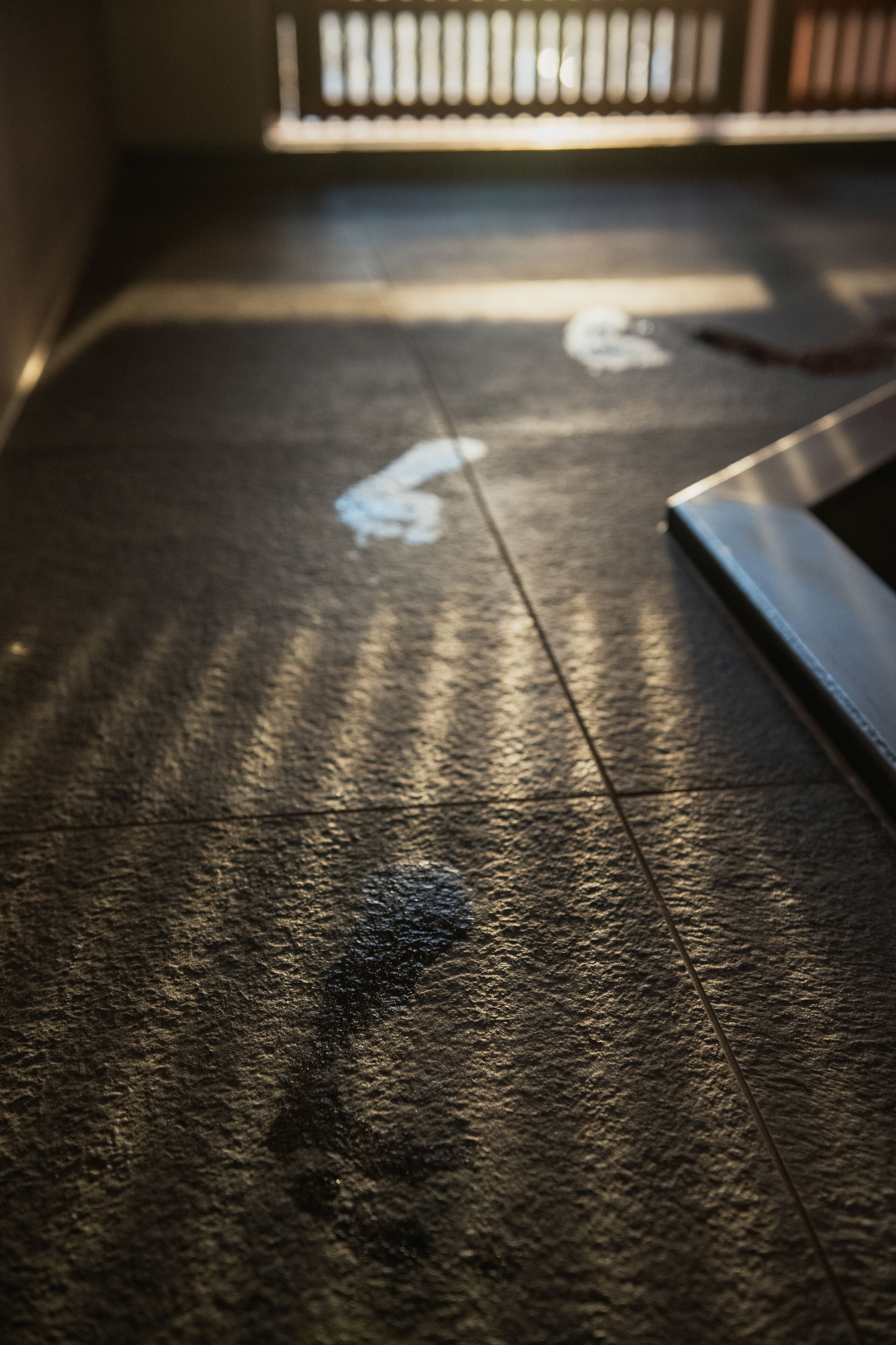 A close-up of a textured floor with a reflective surface, possibly a polished stone or tile.
