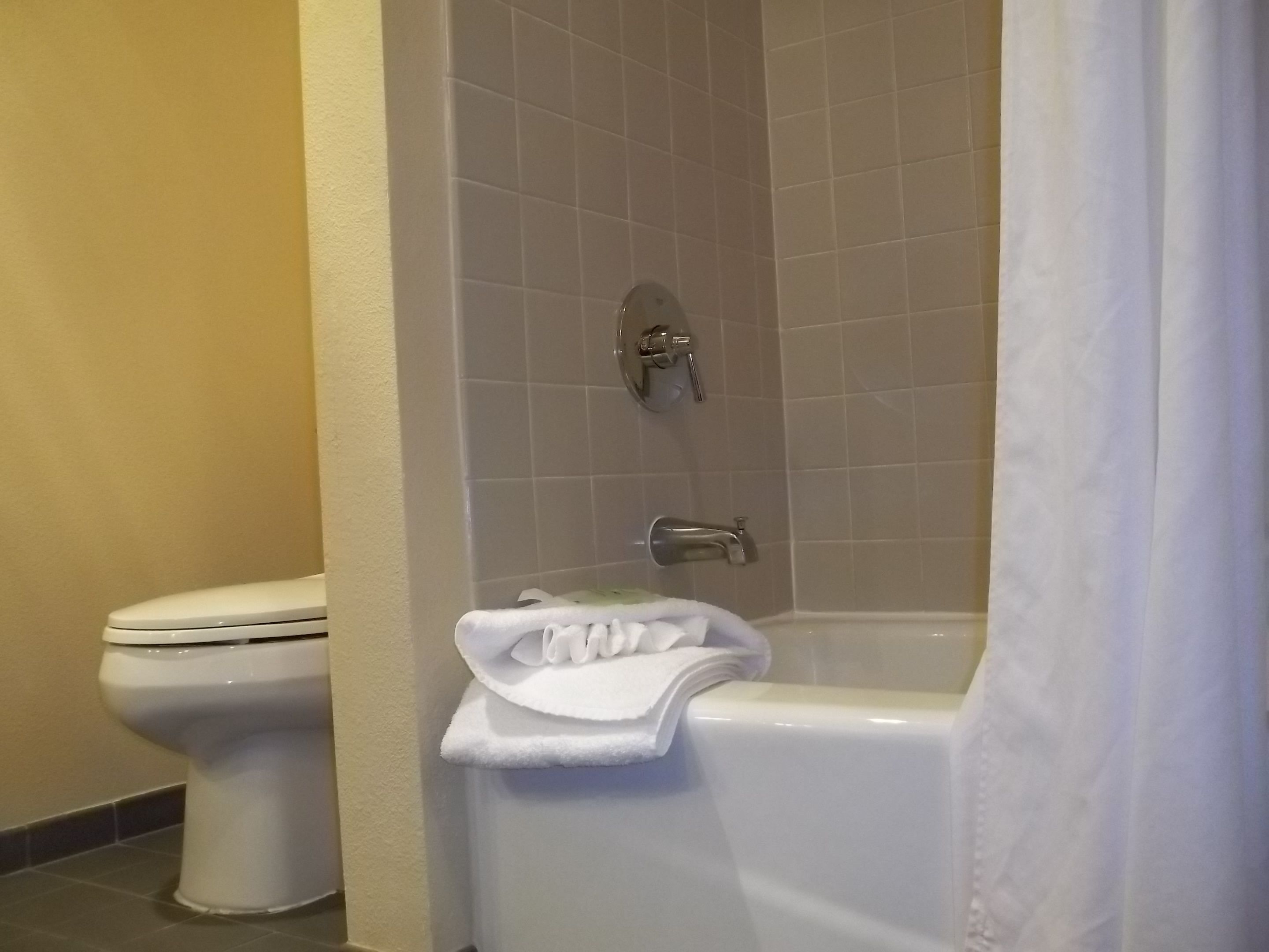 combined shower/bathtub, designer toiletries, hair dryer, towels