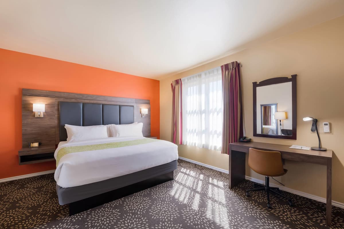 A hotel room with a bed, desk, chair, and a large mirror.