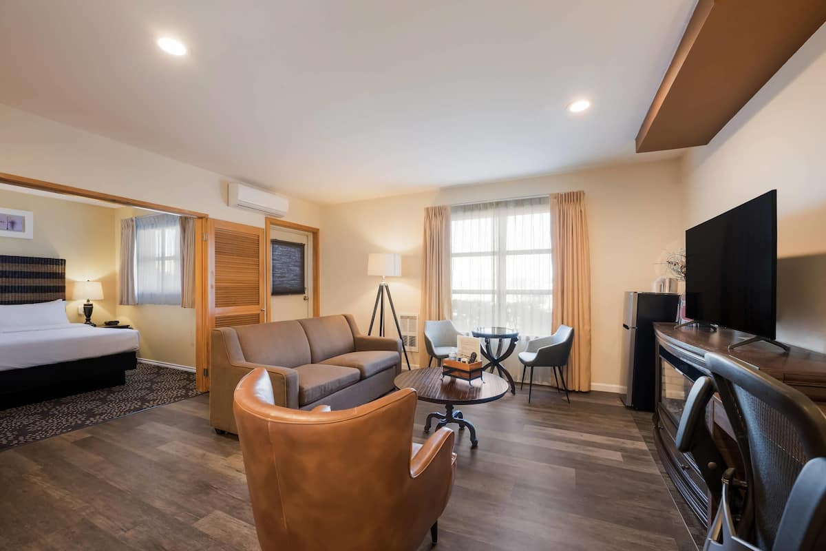 A hotel room with a bed, sofa, armchair, dining table, chairs, TV, and a small refrigerator.
