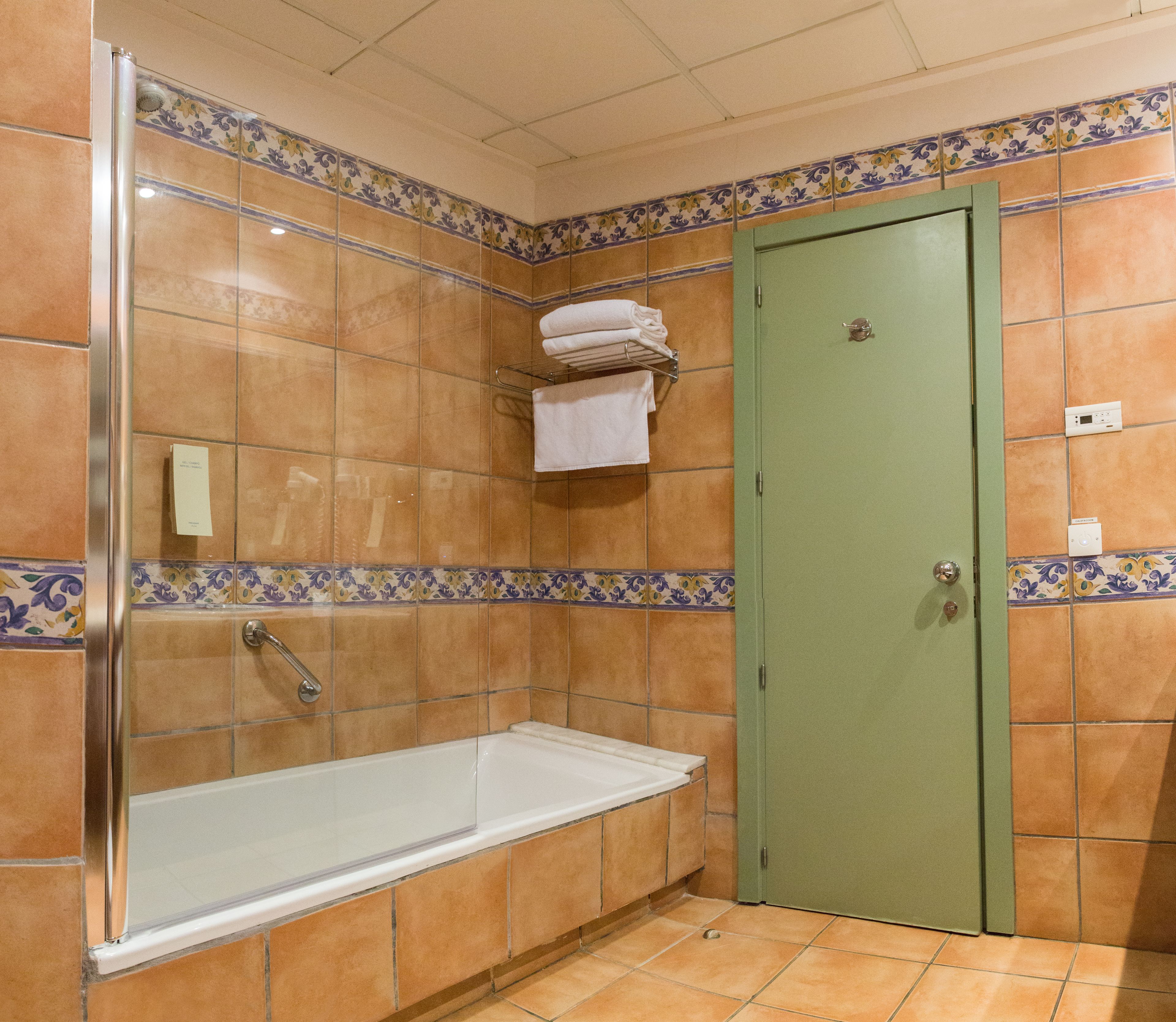 Un baño con ducha de vidrio, una puerta verde y un perchero con toallas dobladas.