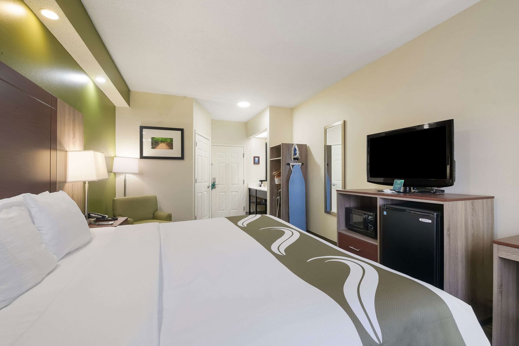 Pillowtop beds, desk, laptop workspace, iron/ironing board