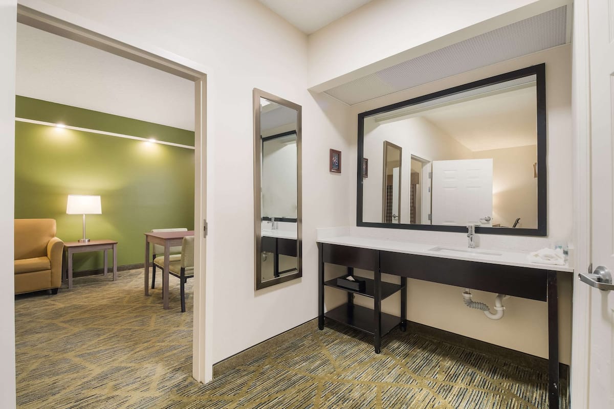 suite, 1 king bed with sofa bed, accessible, non smoking | bathroom | free toiletries, hair dryer, towels, soap