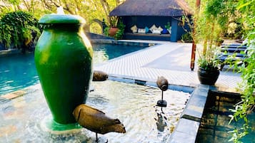 Outdoor pool, pool umbrellas, pool loungers