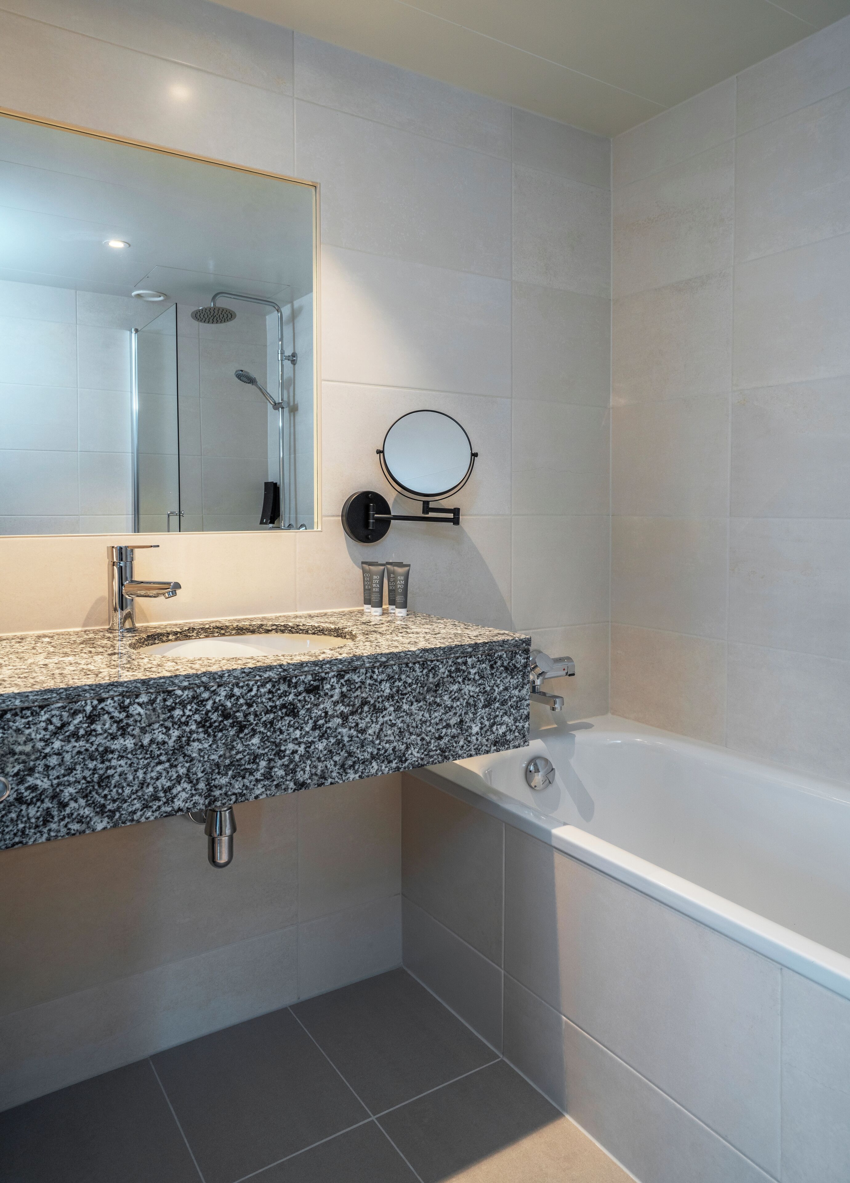 rainfall showerhead, hair dryer, heated floors, towels