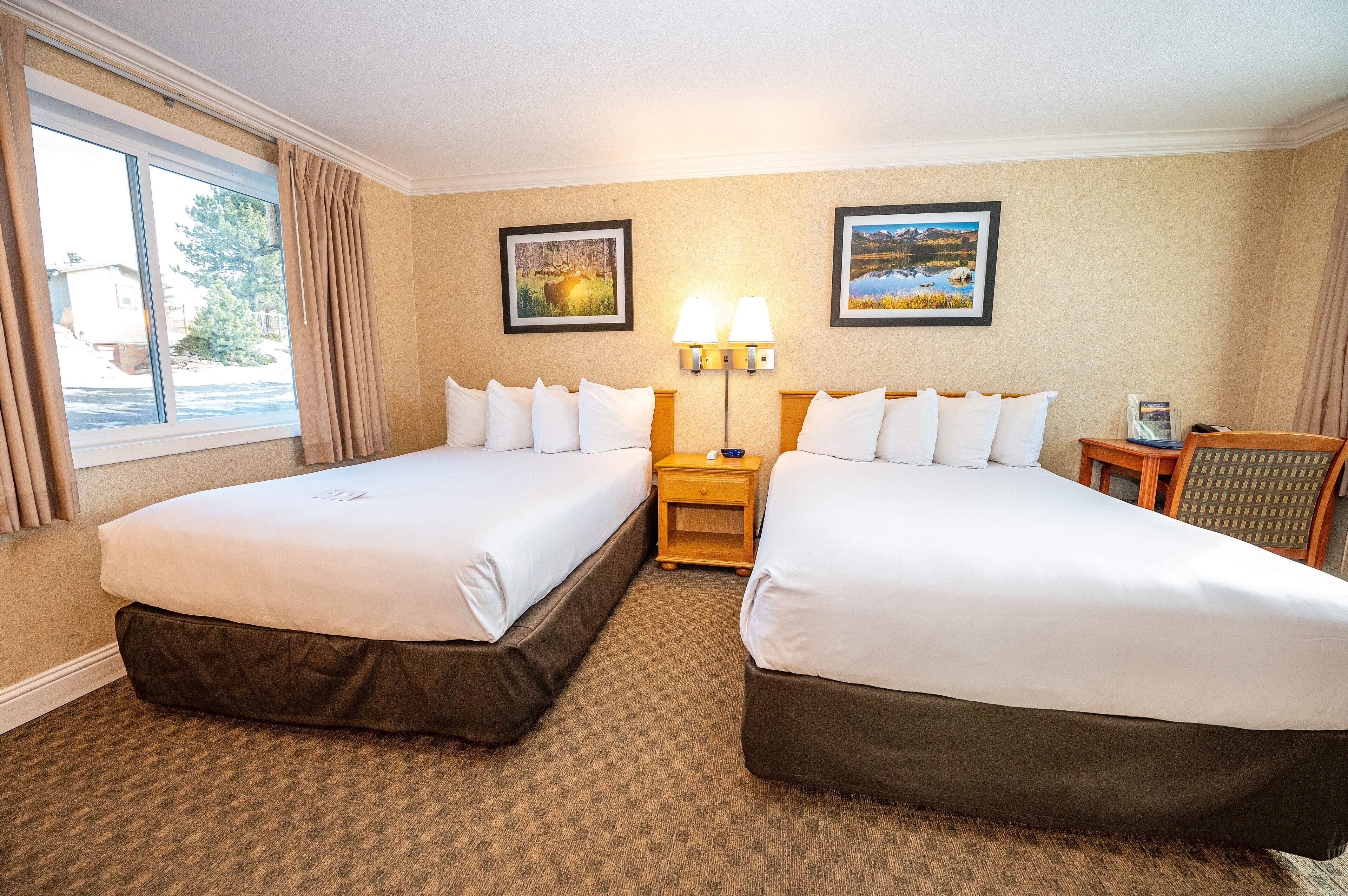 A hotel room with two beds, a nightstand, a lamp, and two framed pictures on the wall.