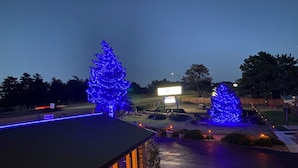 A building with a sloped roof and large windows, surrounded by a parking area and two illuminated trees. - Blue Door Inn (Estes Park)