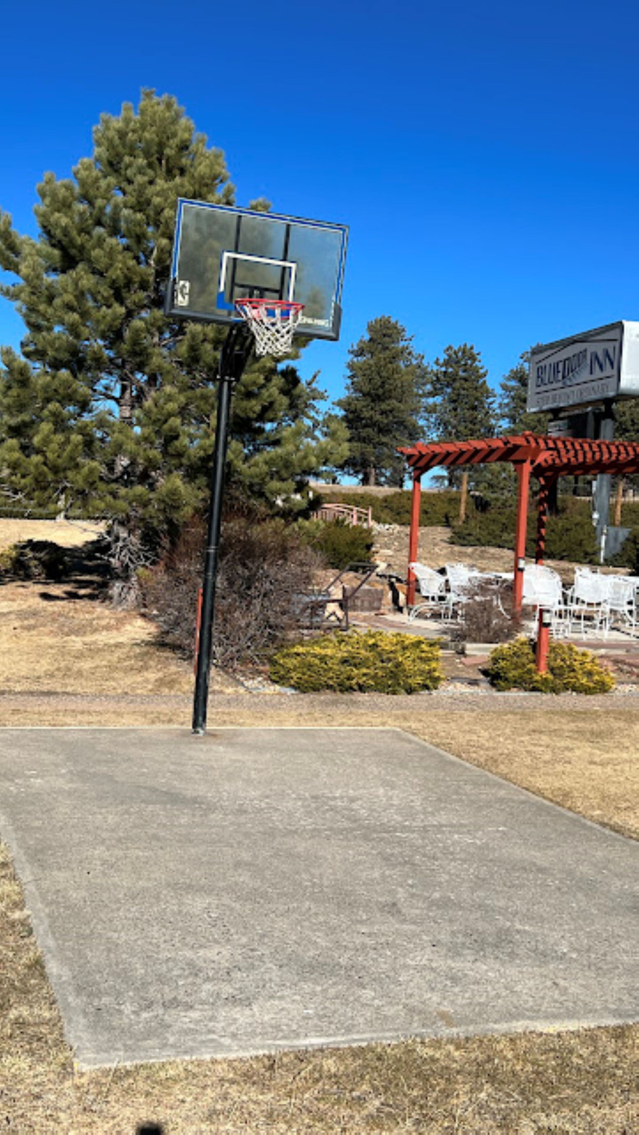 Un campo da basket con canestro, circondato da alberi e un gazebo rosso.
