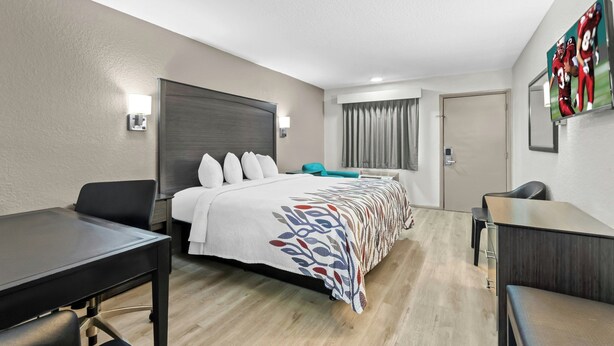 Habitación de hotel con cama, escritorio, silla, televisor y puerta.