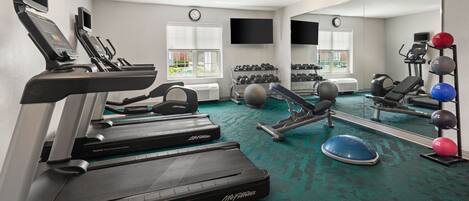 A gym with treadmills, weights, and exercise balls.