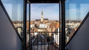 A view from a window with a metal railing, overlooking a town with historic buildings and a prominent tower.