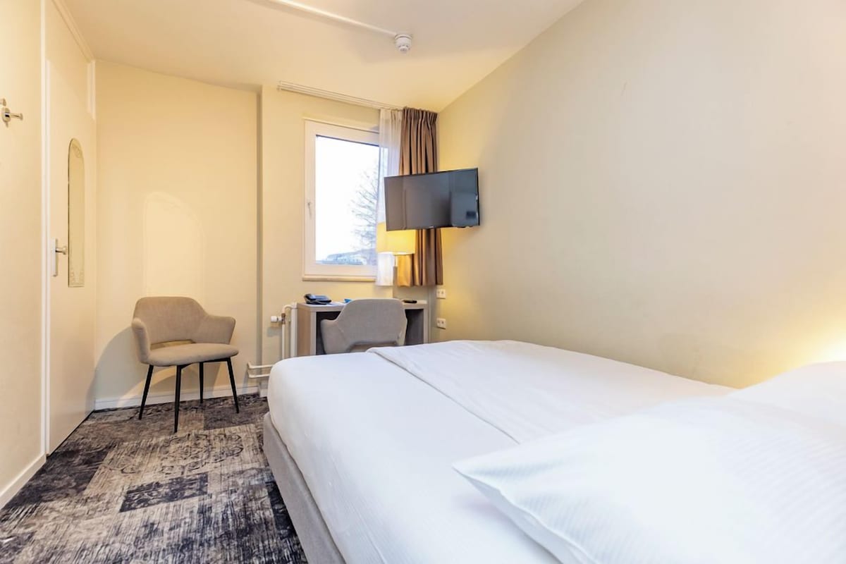 A hotel room with a bed, a desk, a chair, and a television.
