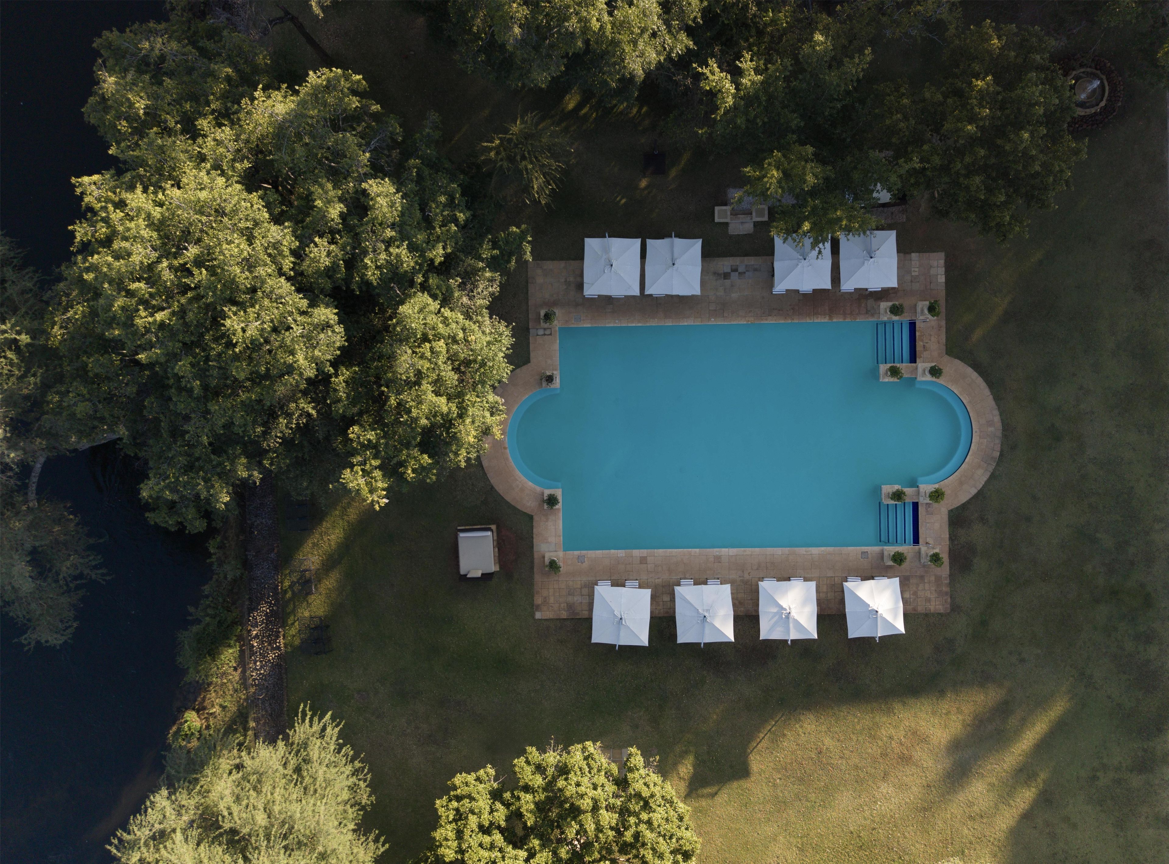 Outdoor pool, pool umbrellas, pool loungers