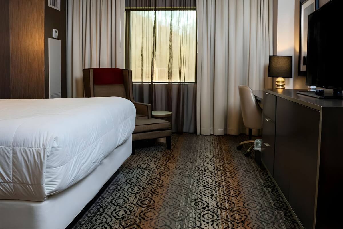 A hotel room with a bed, a desk, a chair, a TV, and a patterned carpet.